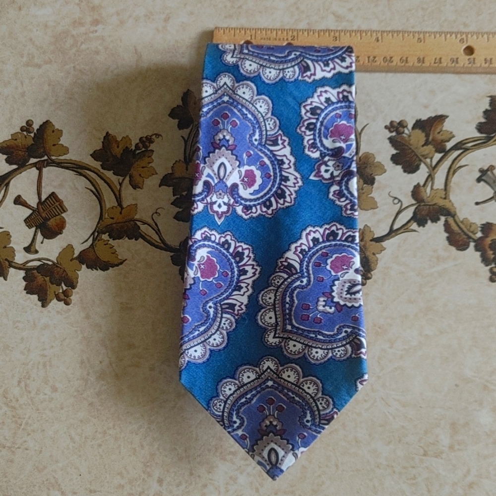 Vintage silk tie. Pierre Cardin. Blue red and gray paisley, teal background.